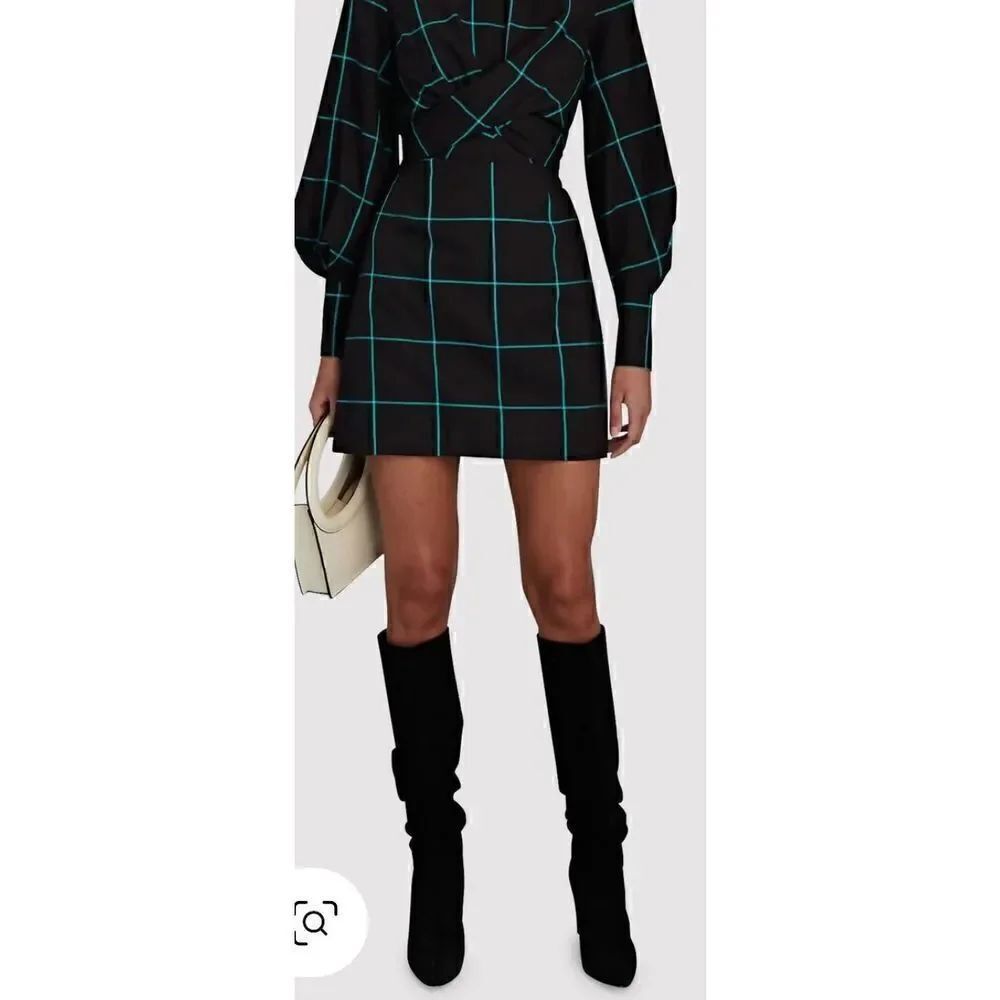 Staud Mini Crosshill Dress In Black Green Windowpane NWOT Size Medium